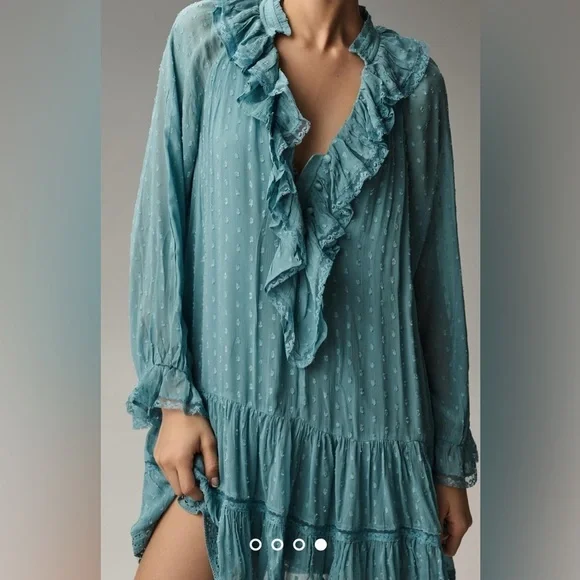 NWT Size XS - By Anthropologie Long-Sleeve V-Neck Ruffled Tunic Dress Turquoise - Picture 7 of 16